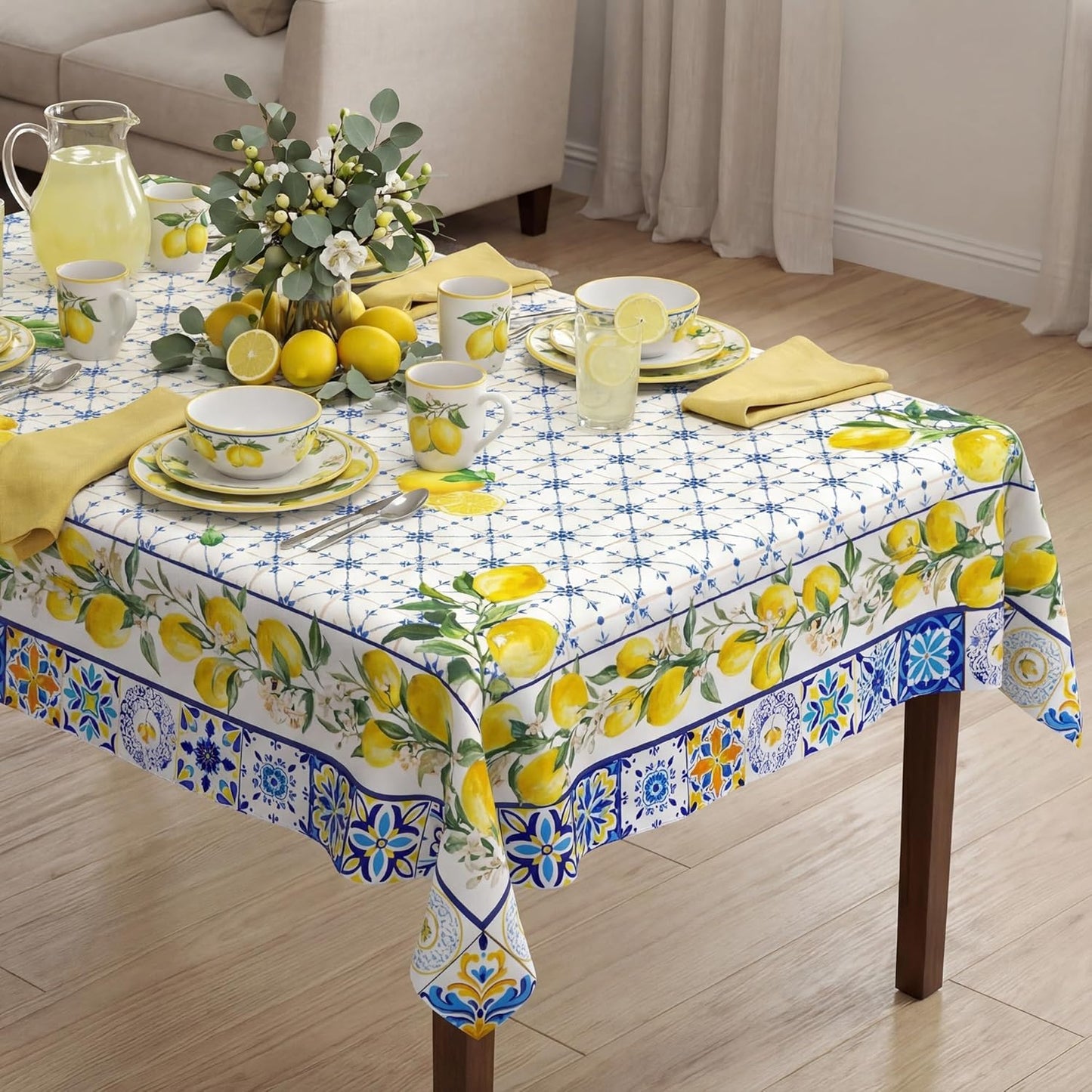Lemon Tablecloth 60x84 Inch, Bule Diamond Check Farmhouse Decorations for Home Table Cloth Rectangle, Spring Summer Seasonal Decor Tablecloths Polyester for Party Dinner