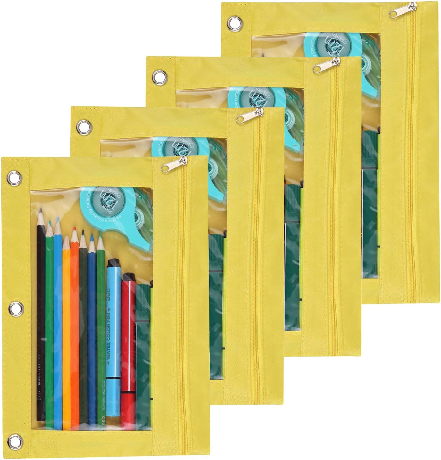 Binder Fabric Pencil Pouch | 3-Ring Binder Pencil Case Bag with Zipper 4 Pack (yellow)