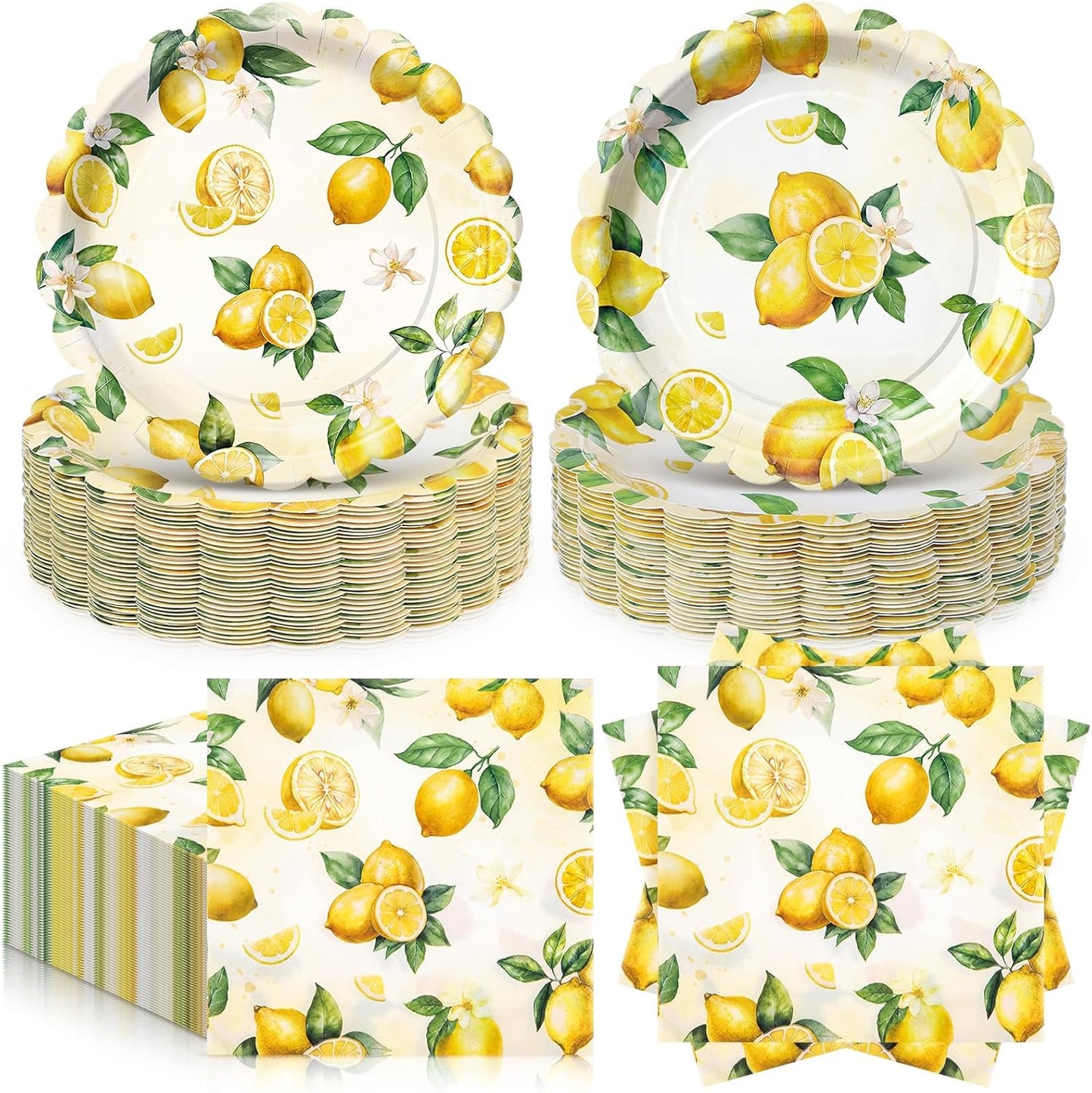 96 Pcs Lemon Plates and Napkins for 48 Guests Yellow Lemons Tableware Including Disposable Dessert Plates and Napkins for Summer Fruit Baby Shower Bridal Shower Birthday Party Supplies