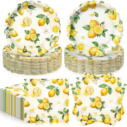 96 Pcs Lemon Plates and Napkins for 48 Guests Yellow Lemons Tableware Including Disposable Dessert Plates and Napkins for Summer Fruit Baby Shower Bridal Shower Birthday Party Supplies