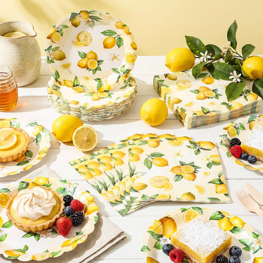 96 Pcs Lemon Plates and Napkins for 48 Guests Yellow Lemons Tableware Including Disposable Dessert Plates and Napkins for Summer Fruit Baby Shower Bridal Shower Birthday Party Supplies