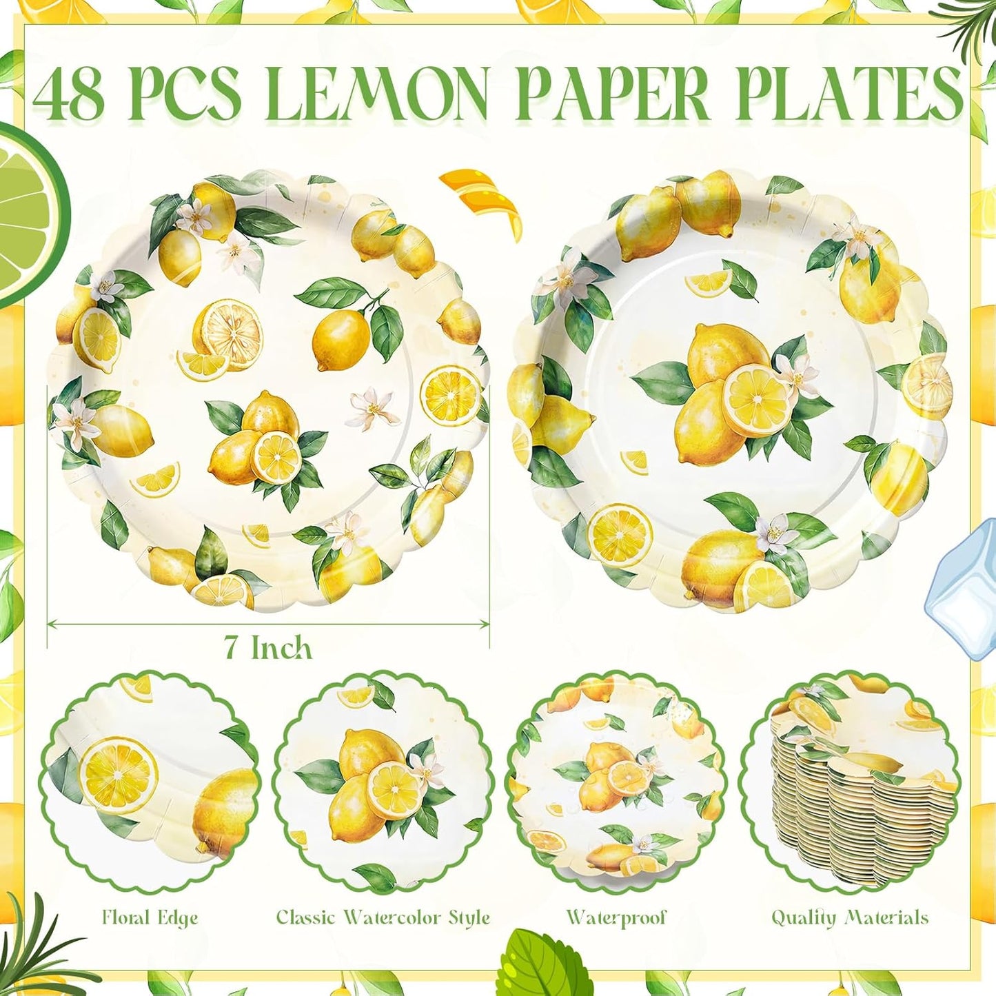 96 Pcs Lemon Plates and Napkins for 48 Guests Yellow Lemons Tableware Including Disposable Dessert Plates and Napkins for Summer Fruit Baby Shower Bridal Shower Birthday Party Supplies
