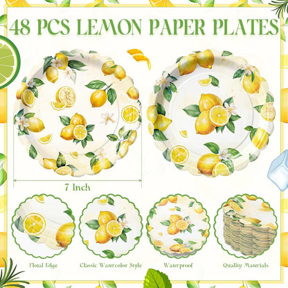 96 Pcs Lemon Plates and Napkins for 48 Guests Yellow Lemons Tableware Including Disposable Dessert Plates and Napkins for Summer Fruit Baby Shower Bridal Shower Birthday Party Supplies
