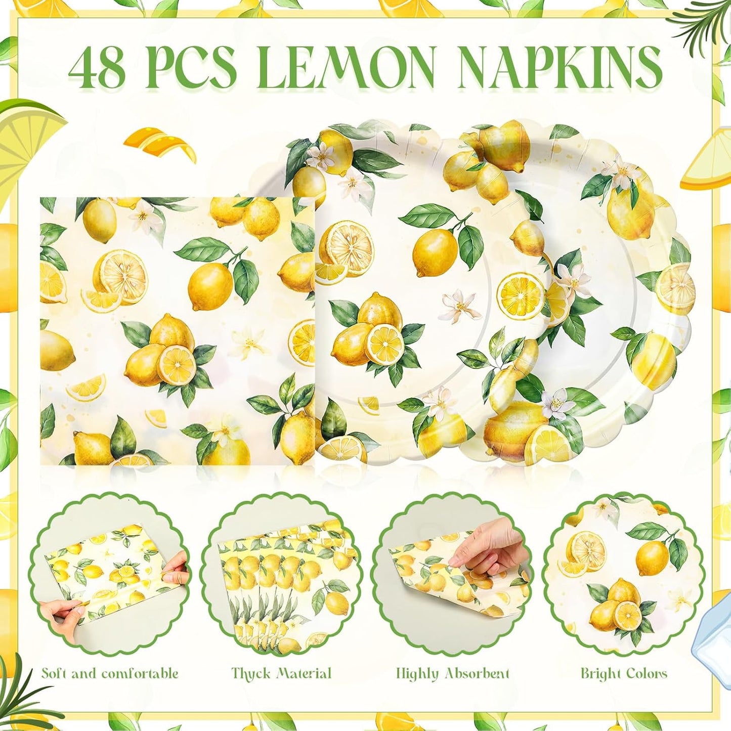 96 Pcs Lemon Plates and Napkins for 48 Guests Yellow Lemons Tableware Including Disposable Dessert Plates and Napkins for Summer Fruit Baby Shower Bridal Shower Birthday Party Supplies