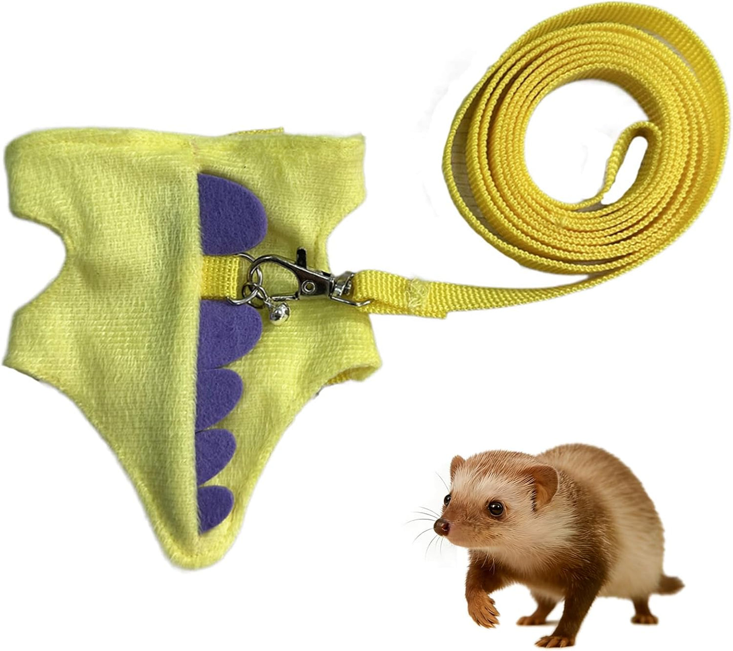 Harness and Leash Set for Small Pets, Dinosaur Shaped Vest Harness, Adjustable Soft Plush Vest with Bell for Guinea Pigs, Ferrets, Hamsters, Hedgehogs - Safe Outdoor Walking Adventure Gear,Yellow