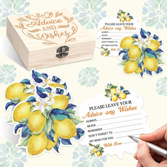 Wooden Collection Box Wedding Party Use,60 Pcs Lemon Bridal Shower Decorations with Wooden Keepsake Box, Advice and Wishes Cards Set, Lemon Themed Party Decorations for Wedding, Citrus Bridal Shower