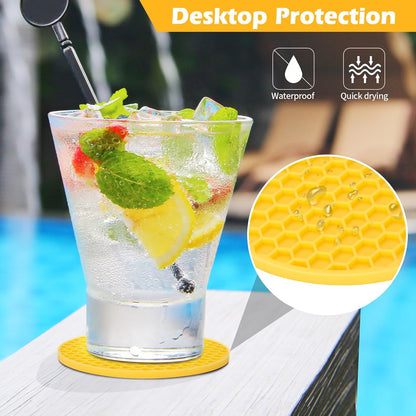 Silicone Coasters Set of 8 with Holder — Non-Slip Drink Coasters for Coffee Table, Home Bar & Kitchen, Protects Wood & Marble Surfaces from Water Rings, Dishwasher Safe (Yellow)