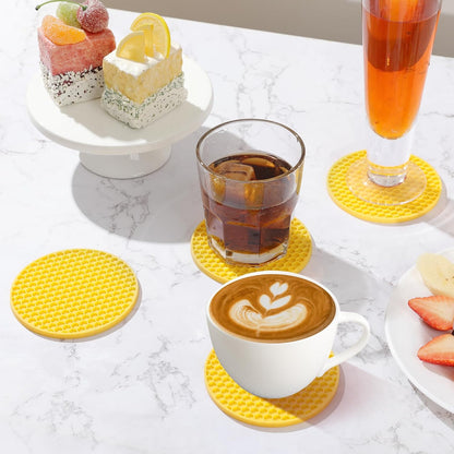 Silicone Coasters Set of 8 with Holder — Non-Slip Drink Coasters for Coffee Table, Home Bar & Kitchen, Protects Wood & Marble Surfaces from Water Rings, Dishwasher Safe (Yellow)