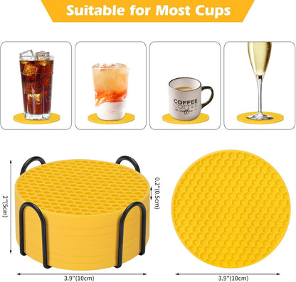 Silicone Coasters Set of 8 with Holder — Non-Slip Drink Coasters for Coffee Table, Home Bar & Kitchen, Protects Wood & Marble Surfaces from Water Rings, Dishwasher Safe (Yellow)