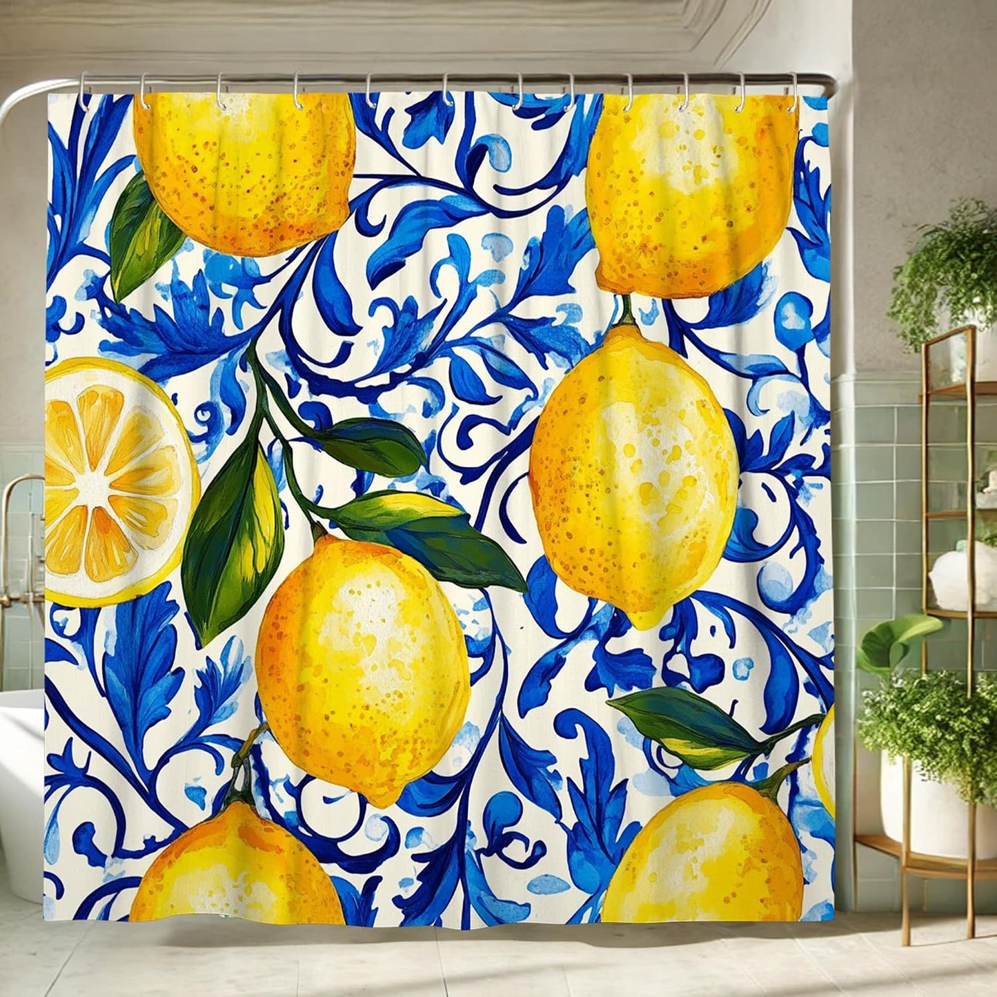 Lemon Shower Curtain, Yellow Citrus Fruit Bath Curtain for Bathroom Decor, Summer Spring Tropical Modern Waterproof Fabric Shower Curtain Set with Hooks 72x72 Inch