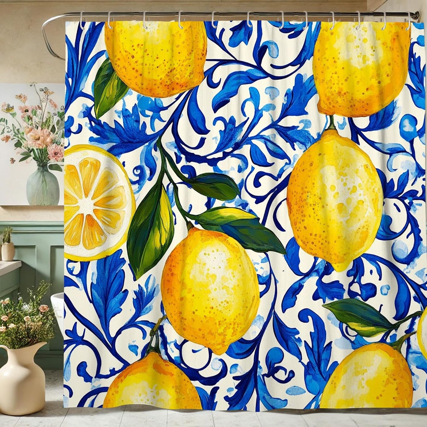 Lemon Shower Curtain, Yellow Citrus Fruit Bath Curtain for Bathroom Decor, Summer Spring Tropical Modern Waterproof Fabric Shower Curtain Set with Hooks 72x72 Inch