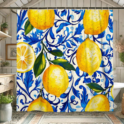 Lemon Shower Curtain, Yellow Citrus Fruit Bath Curtain for Bathroom Decor, Summer Spring Tropical Modern Waterproof Fabric Shower Curtain Set with Hooks 72x72 Inch