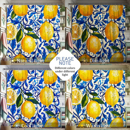 Lemon Shower Curtain, Yellow Citrus Fruit Bath Curtain for Bathroom Decor, Summer Spring Tropical Modern Waterproof Fabric Shower Curtain Set with Hooks 72x72 Inch