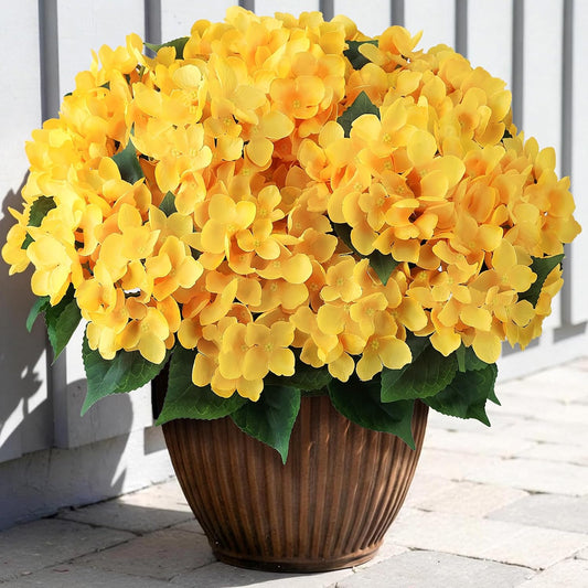 16 Bundles 17"Artificial Hydrangea Flowers Branch for Outdoor(Yellow) | Realistic Faux Silk Bouquets Plants Fake Plants, for Front Door Balcony Farmhouse Garden Home Spring Summer Decor
