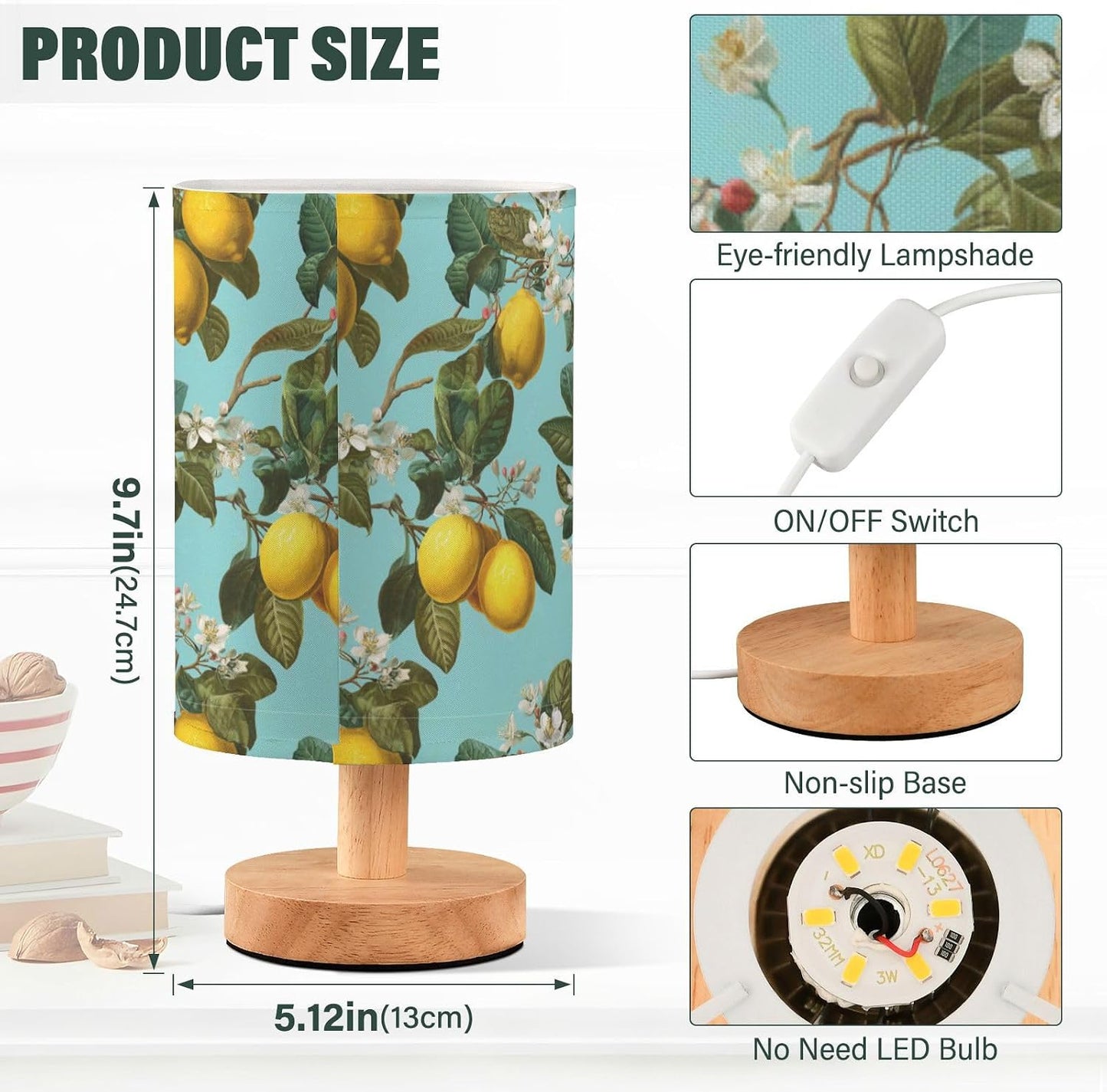 Bedside Table Lamp Lemon Yellow Citrus Fruits (116) Kids Nightstand Lamp Night Light Fabric Shade for Bedroom Living Room Home Office