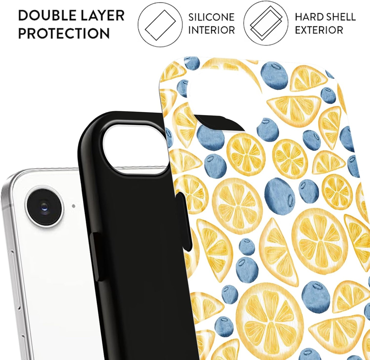 Aesthetics Summer Lemon Blueberry Phone Case for iPhone 17e/16e Case Cute Design Phone Cover Shockproof Soft TPU Hard PC Protection Funda for iPhone 17e/16e 6.1 Inch