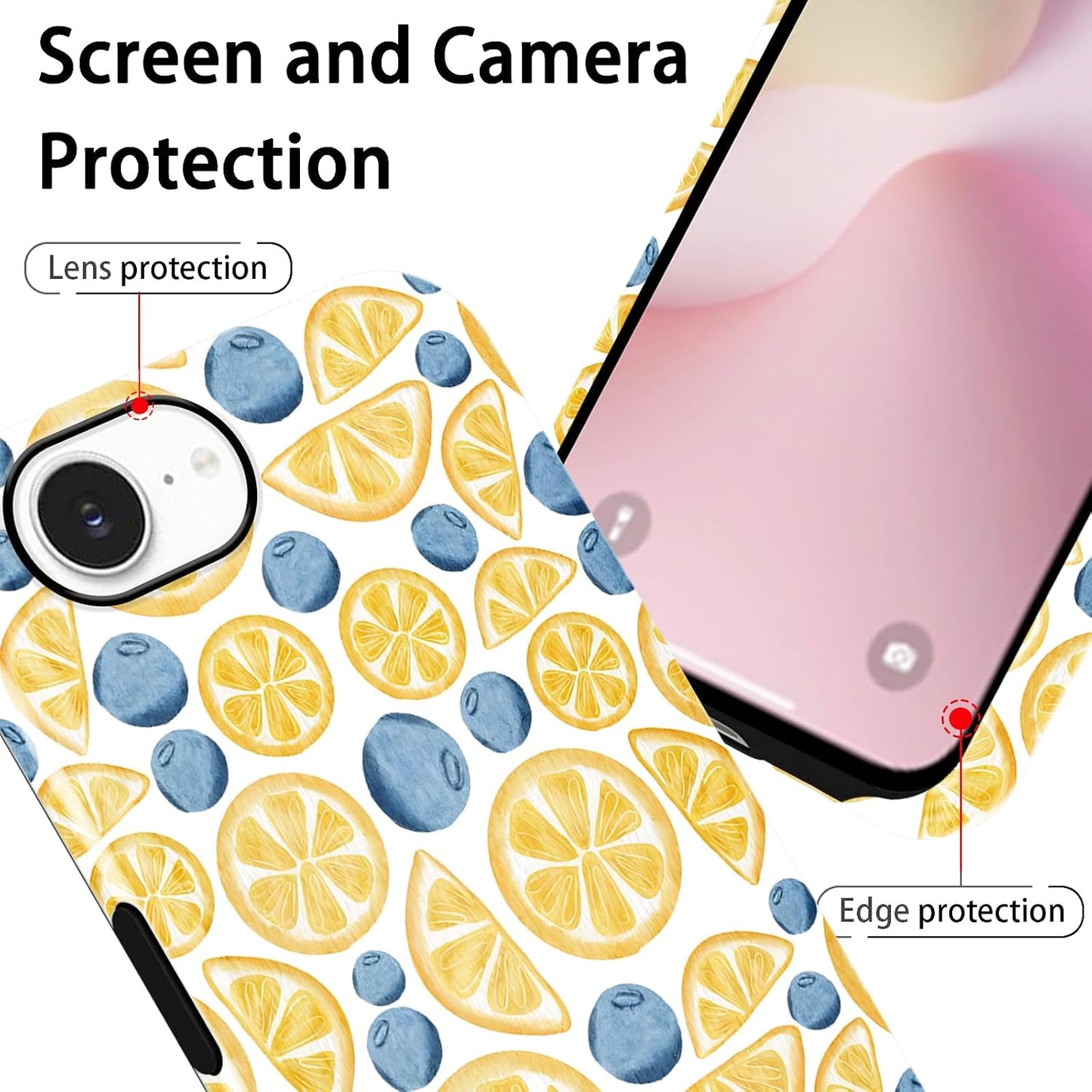 Aesthetics Summer Lemon Blueberry Phone Case for iPhone 17e/16e Case Cute Design Phone Cover Shockproof Soft TPU Hard PC Protection Funda for iPhone 17e/16e 6.1 Inch