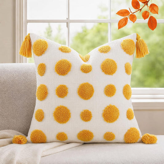 Super Soft Farmhouse Decorative Plush Throw Pillow Covers 16 x 16 Yellow,Solid Pom pom Tufted with Tassels Modern Accent Boho Square Cushion Cover Pillow Case for Couch Sofa