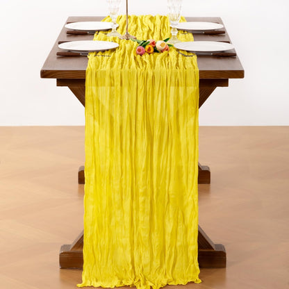 4 Pack Lemon Yellow Cheesecloth Table Runner 17×108 Inch Wrinkled | Sheer Boho Gauze Cheese Table Runner, for Summer Birthday Wedding, Bridal Baby Shower Holiday Home Decoration