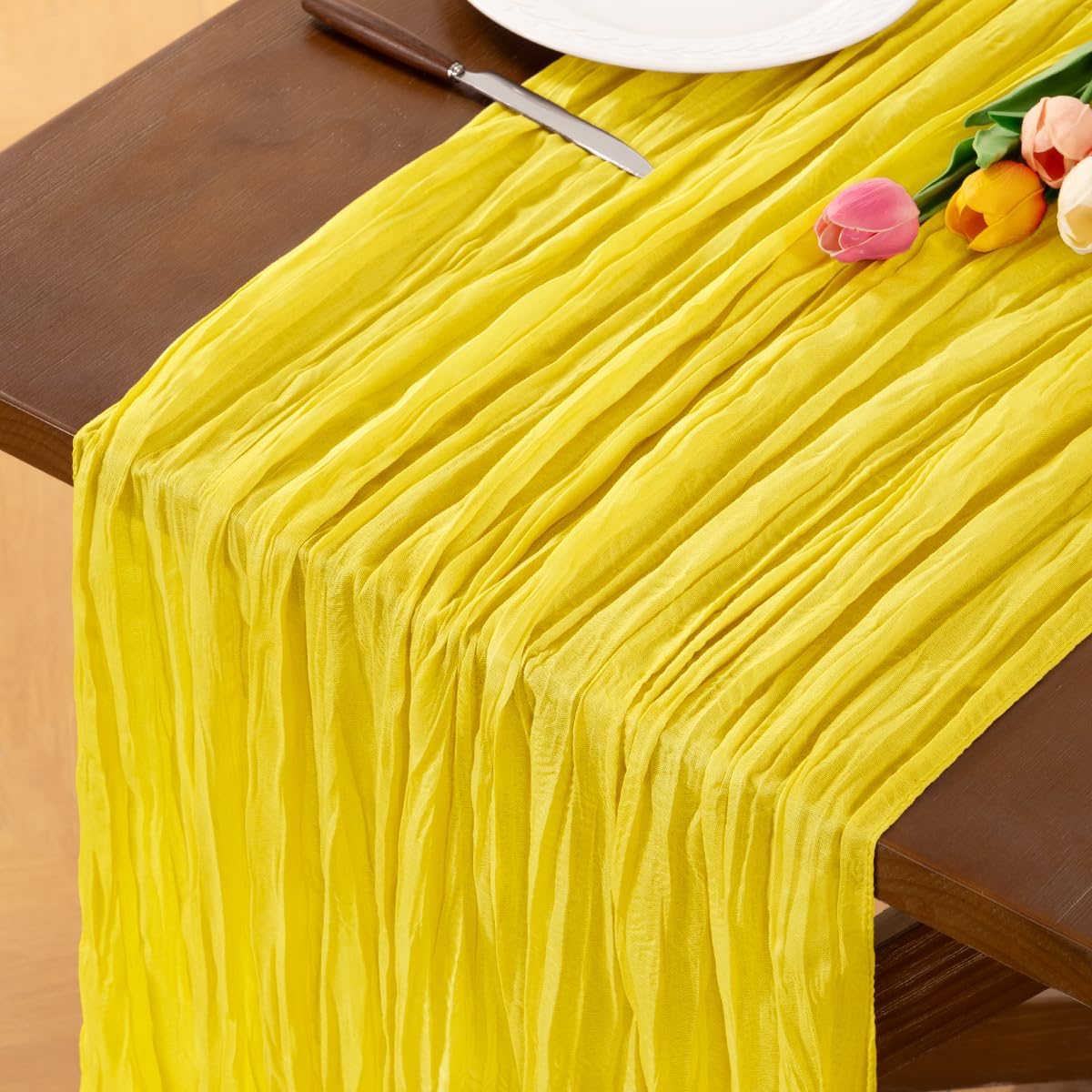 4 Pack Lemon Yellow Cheesecloth Table Runner 17×108 Inch Wrinkled | Sheer Boho Gauze Cheese Table Runner, for Summer Birthday Wedding, Bridal Baby Shower Holiday Home Decoration