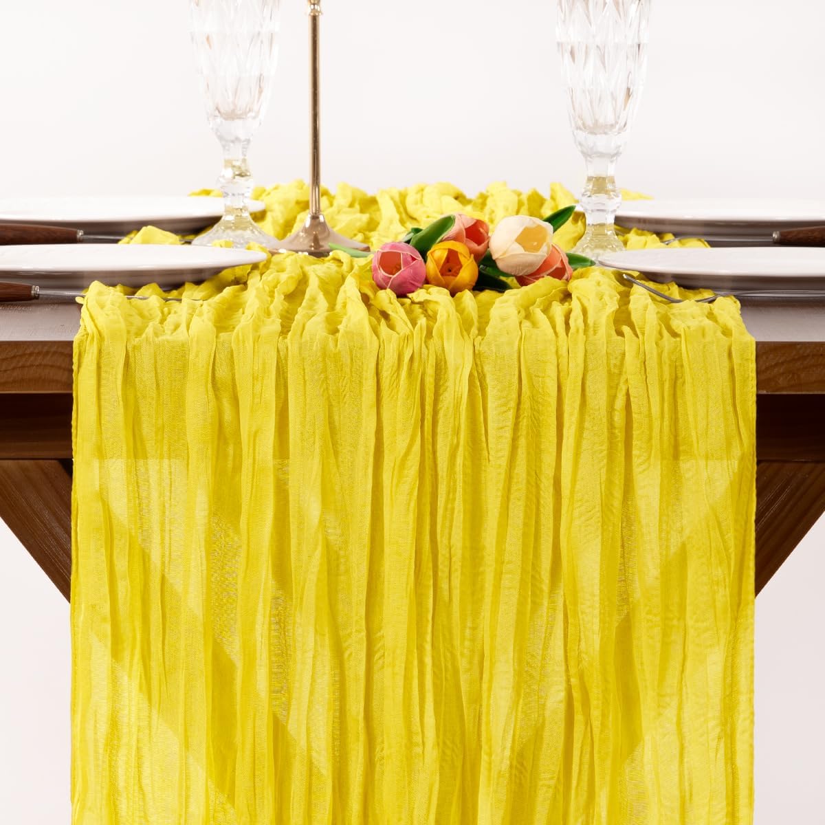 4 Pack Lemon Yellow Cheesecloth Table Runner 17×108 Inch Wrinkled | Sheer Boho Gauze Cheese Table Runner, for Summer Birthday Wedding, Bridal Baby Shower Holiday Home Decoration