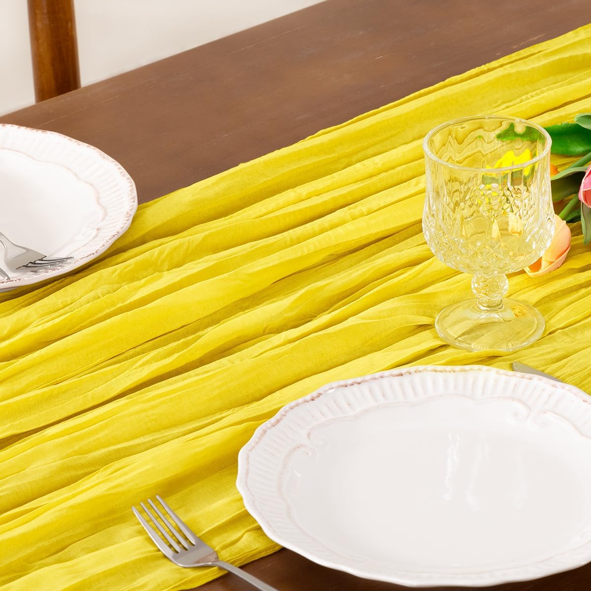 4 Pack Lemon Yellow Cheesecloth Table Runner 17×108 Inch Wrinkled | Sheer Boho Gauze Cheese Table Runner, for Summer Birthday Wedding, Bridal Baby Shower Holiday Home Decoration