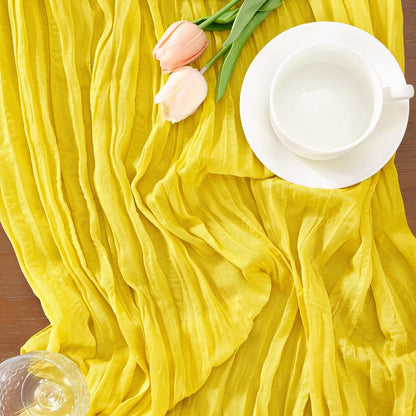 4 Pack Lemon Yellow Cheesecloth Table Runner 17×108 Inch Wrinkled | Sheer Boho Gauze Cheese Table Runner, for Summer Birthday Wedding, Bridal Baby Shower Holiday Home Decoration