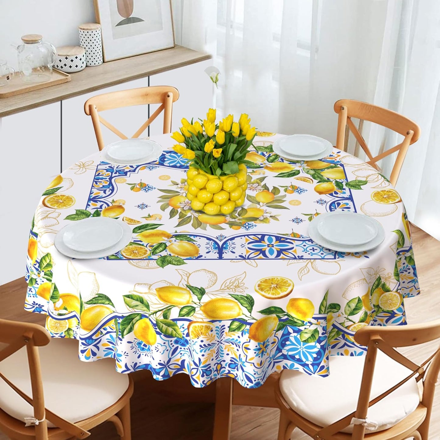 Lemon Tablecloth 60 Inch Round, Yellow and Blue Mediterranean Summer Decor Tile Flower Pattern Table Cloth Italian Themed Decor for Party Table Cover for Dining Room