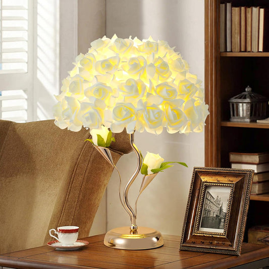 Flowers Table Light Fabric Rose Nightstand Lamp Creative Romantic Desk Lamp Yellow Princess Lamp for Wedding Decor Valentines Dating Bedroom Livingroom Office