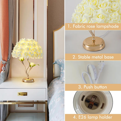 Flowers Table Light Fabric Rose Nightstand Lamp Creative Romantic Desk Lamp Yellow Princess Lamp for Wedding Decor Valentines Dating Bedroom Livingroom Office