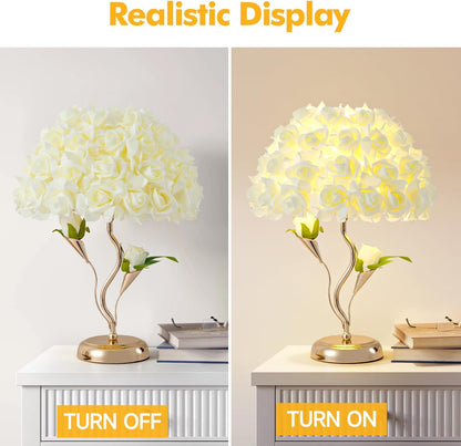 Flowers Table Light Fabric Rose Nightstand Lamp Creative Romantic Desk Lamp Yellow Princess Lamp for Wedding Decor Valentines Dating Bedroom Livingroom Office