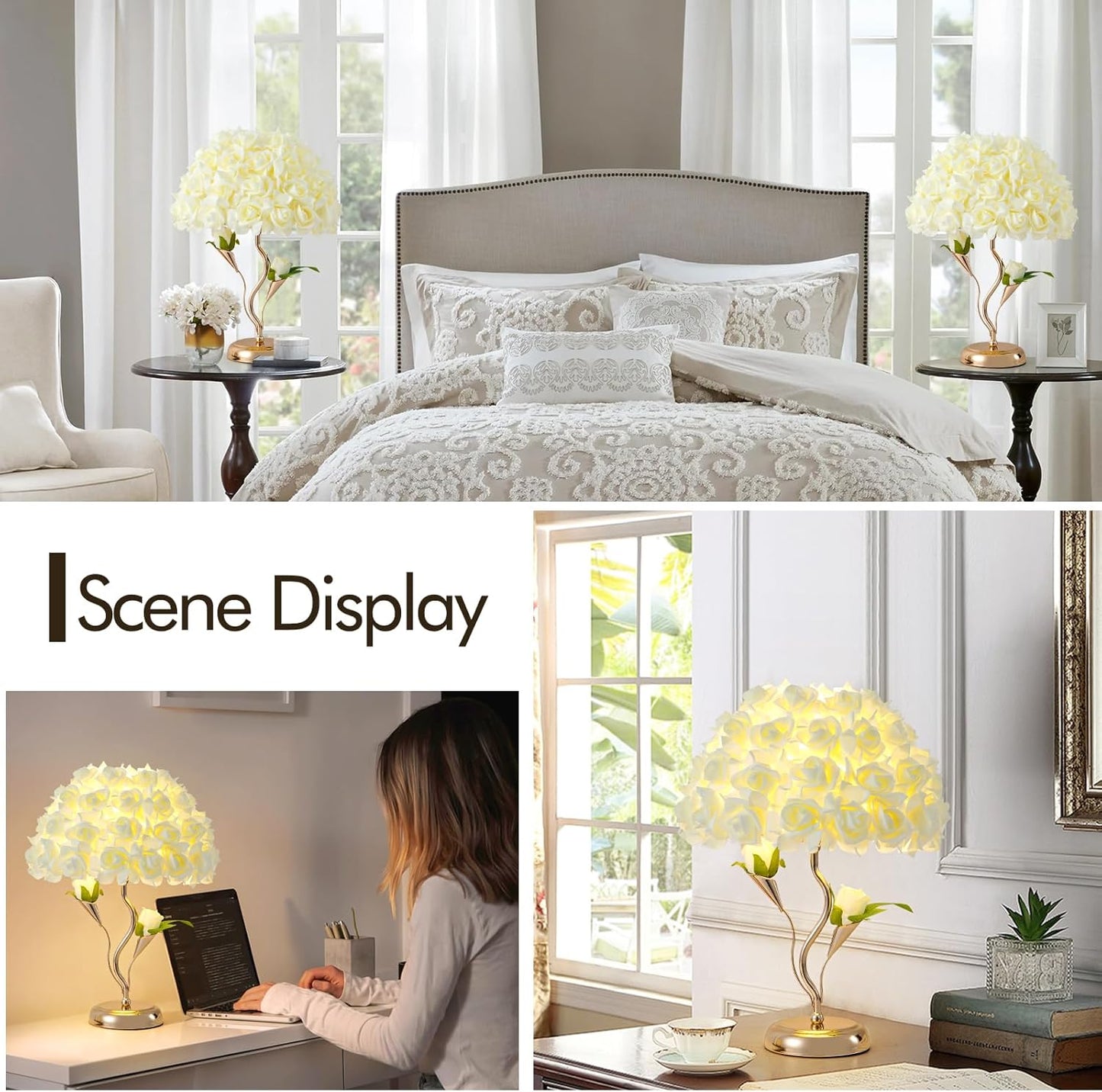 Flowers Table Light Fabric Rose Nightstand Lamp Creative Romantic Desk Lamp Yellow Princess Lamp for Wedding Decor Valentines Dating Bedroom Livingroom Office