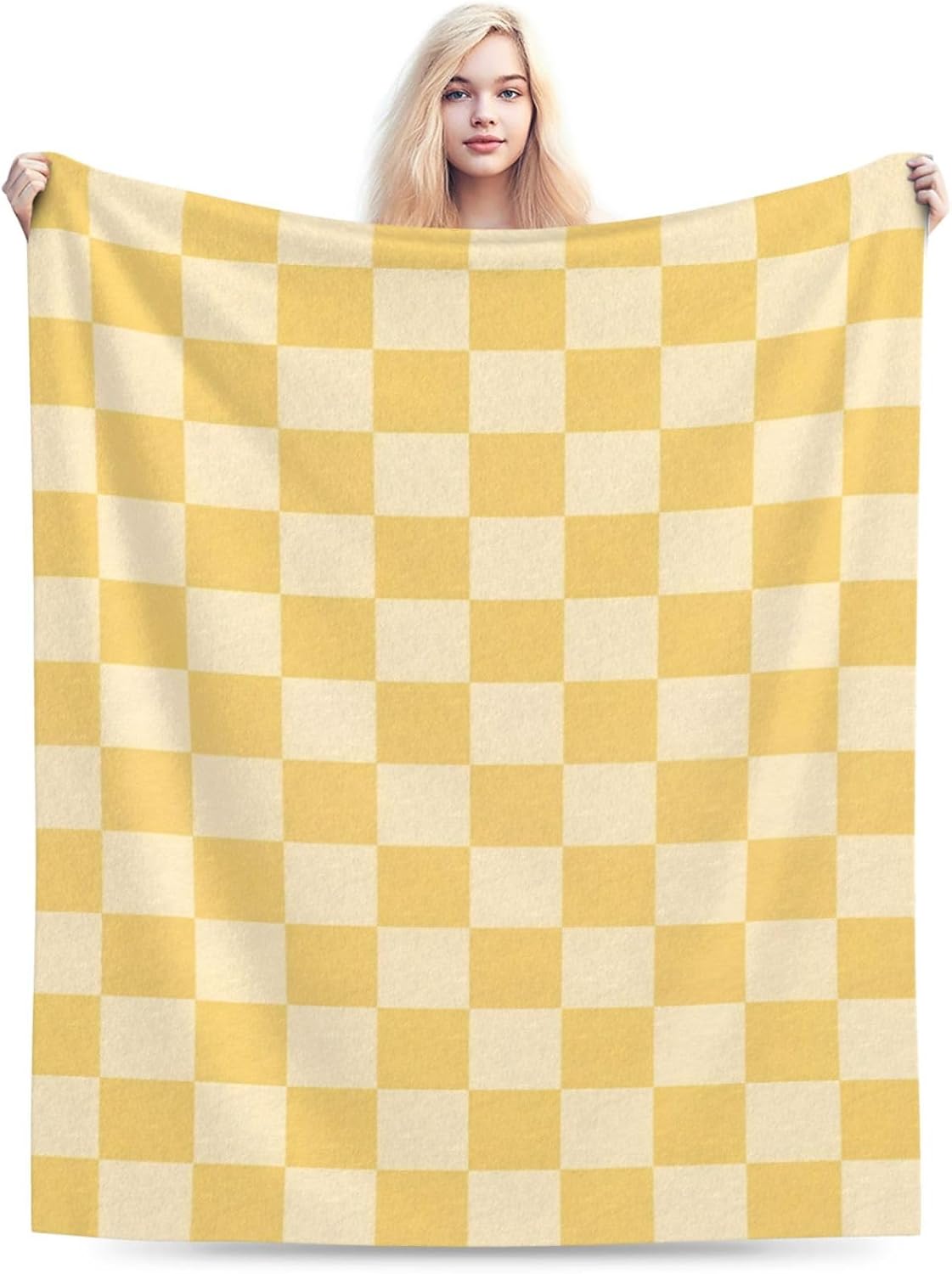 Yellow Checkered Throw Blankets All Season Ultra Soft Warm Checkerboard Grid Print Fleece Blanket for Home Bed Sofa Couch Chair Outdoor Travel Camping 50x40 Inch