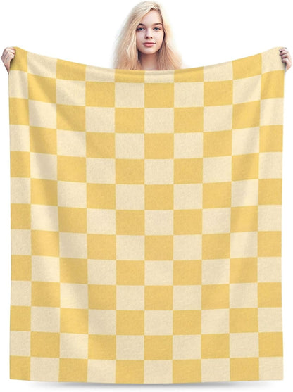 Yellow Checkered Throw Blankets All Season Ultra Soft Warm Checkerboard Grid Print Fleece Blanket for Home Bed Sofa Couch Chair Outdoor Travel Camping 50x40 Inch