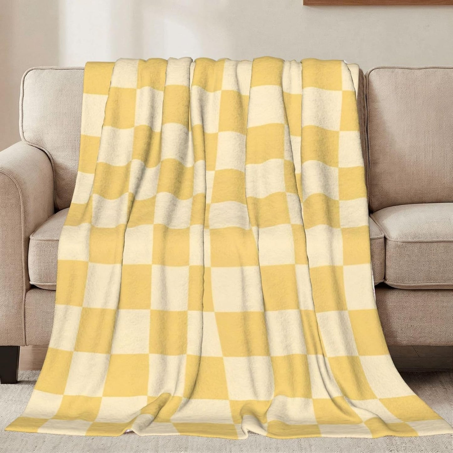 Yellow Checkered Throw Blankets All Season Ultra Soft Warm Checkerboard Grid Print Fleece Blanket for Home Bed Sofa Couch Chair Outdoor Travel Camping 50x40 Inch