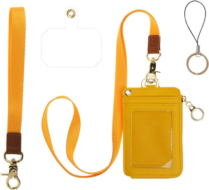 2-in-1 ID Badge Holder & Lanyard Wallet - Multi-Use Womens Small Wallet with Removable Wristlet & Neck Lanyard, Clear Window, 5 Card Slots, Phone Holder, Ring Keychain - Yellow