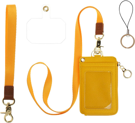 2-in-1 ID Badge Holder & Lanyard Wallet - Multi-Use Womens Small Wallet with Removable Wristlet & Neck Lanyard, Clear Window, 5 Card Slots, Phone Holder, Ring Keychain - Yellow