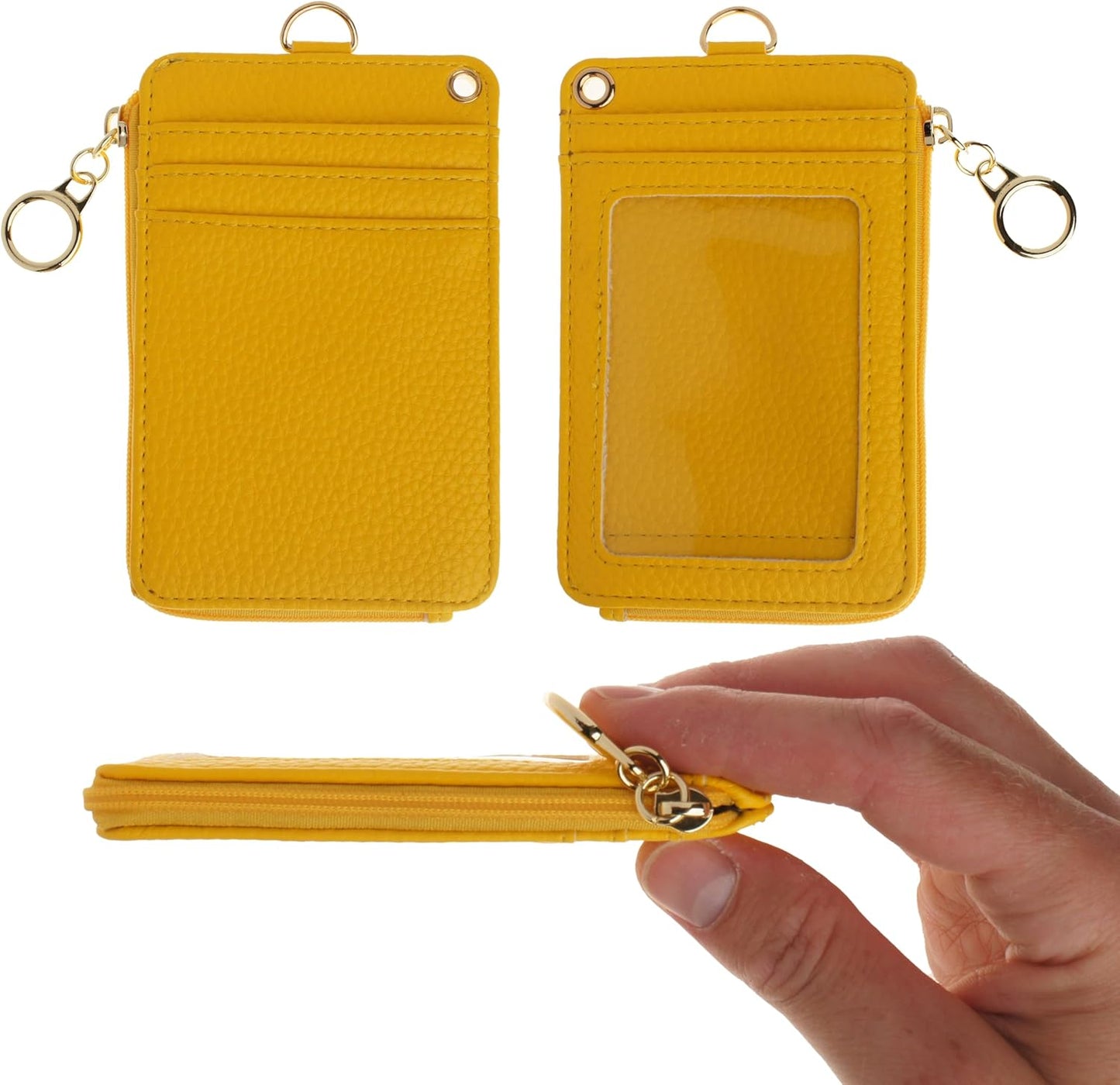 2-in-1 ID Badge Holder & Lanyard Wallet - Multi-Use Womens Small Wallet with Removable Wristlet & Neck Lanyard, Clear Window, 5 Card Slots, Phone Holder, Ring Keychain - Yellow