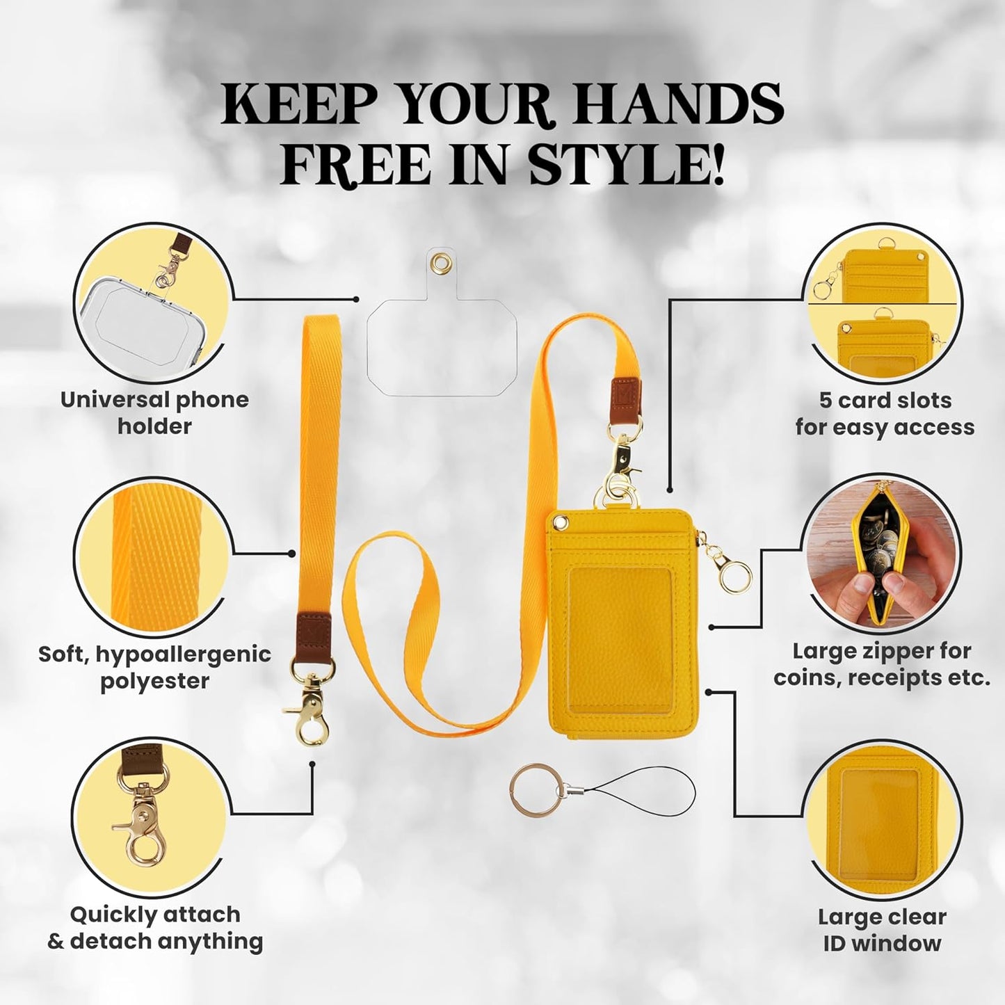 2-in-1 ID Badge Holder & Lanyard Wallet - Multi-Use Womens Small Wallet with Removable Wristlet & Neck Lanyard, Clear Window, 5 Card Slots, Phone Holder, Ring Keychain - Yellow