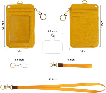 2-in-1 ID Badge Holder & Lanyard Wallet - Multi-Use Womens Small Wallet with Removable Wristlet & Neck Lanyard, Clear Window, 5 Card Slots, Phone Holder, Ring Keychain - Yellow