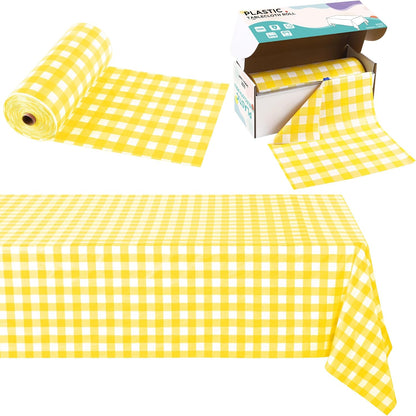 54 Inch x 300 Ft Light Yellow Checkered Plastic Table Cloth Roll Disposable Waterproof Table Cover Plastic Table Cover Roll with Easy Slide Cutter for Outdoor Picnic/Home Dining/Spring Party