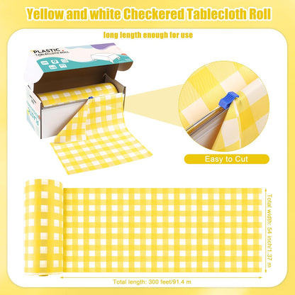 54 Inch x 300 Ft Light Yellow Checkered Plastic Table Cloth Roll Disposable Waterproof Table Cover Plastic Table Cover Roll with Easy Slide Cutter for Outdoor Picnic/Home Dining/Spring Party