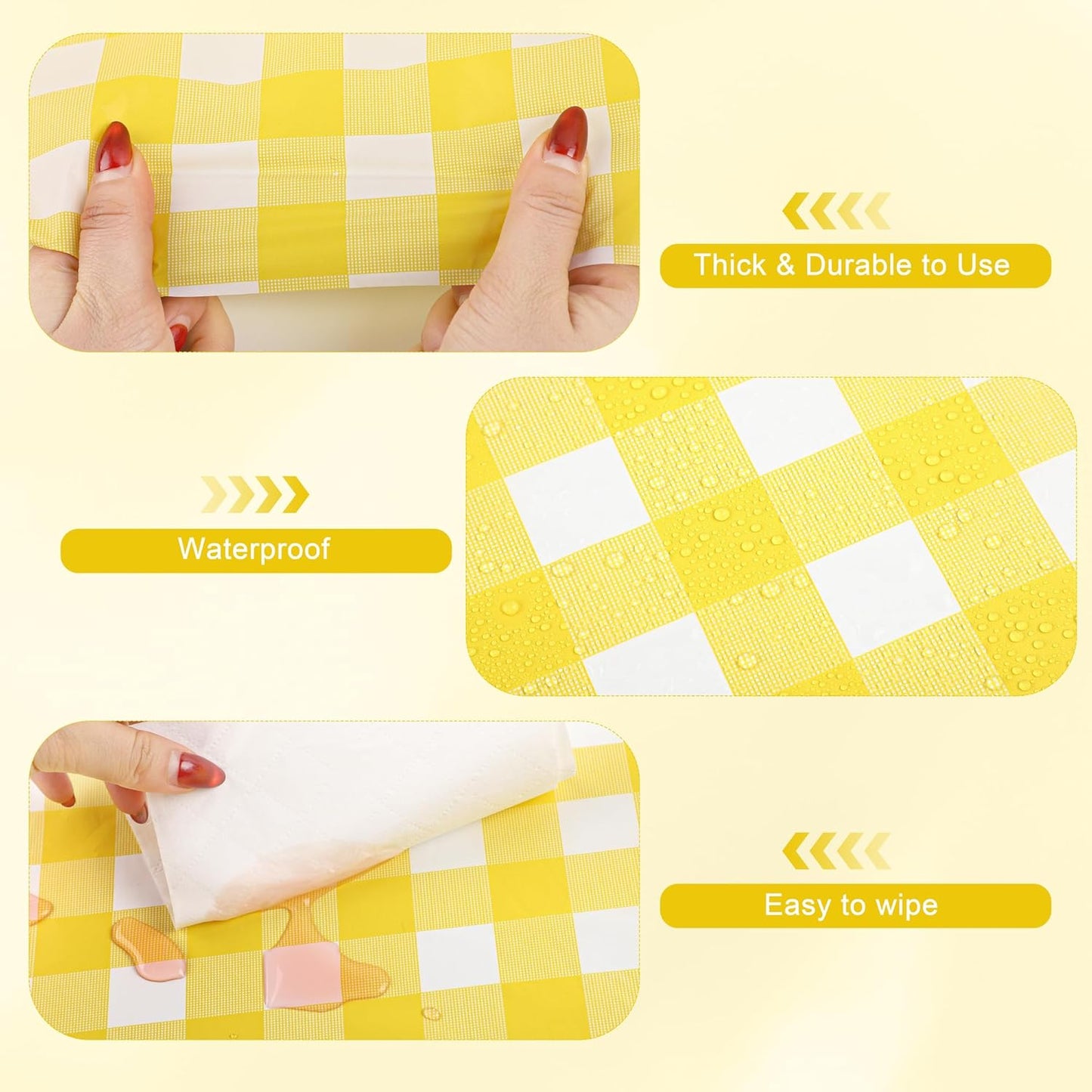 54 Inch x 300 Ft Light Yellow Checkered Plastic Table Cloth Roll Disposable Waterproof Table Cover Plastic Table Cover Roll with Easy Slide Cutter for Outdoor Picnic/Home Dining/Spring Party