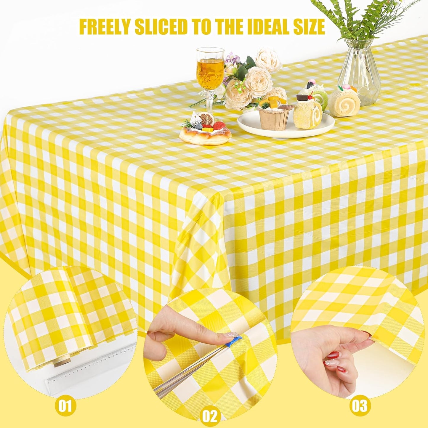 54 Inch x 300 Ft Light Yellow Checkered Plastic Table Cloth Roll Disposable Waterproof Table Cover Plastic Table Cover Roll with Easy Slide Cutter for Outdoor Picnic/Home Dining/Spring Party