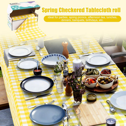 54 Inch x 300 Ft Light Yellow Checkered Plastic Table Cloth Roll Disposable Waterproof Table Cover Plastic Table Cover Roll with Easy Slide Cutter for Outdoor Picnic/Home Dining/Spring Party