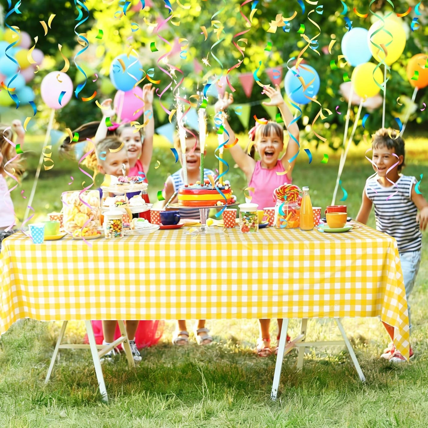 54 Inch x 300 Ft Light Yellow Checkered Plastic Table Cloth Roll Disposable Waterproof Table Cover Plastic Table Cover Roll with Easy Slide Cutter for Outdoor Picnic/Home Dining/Spring Party