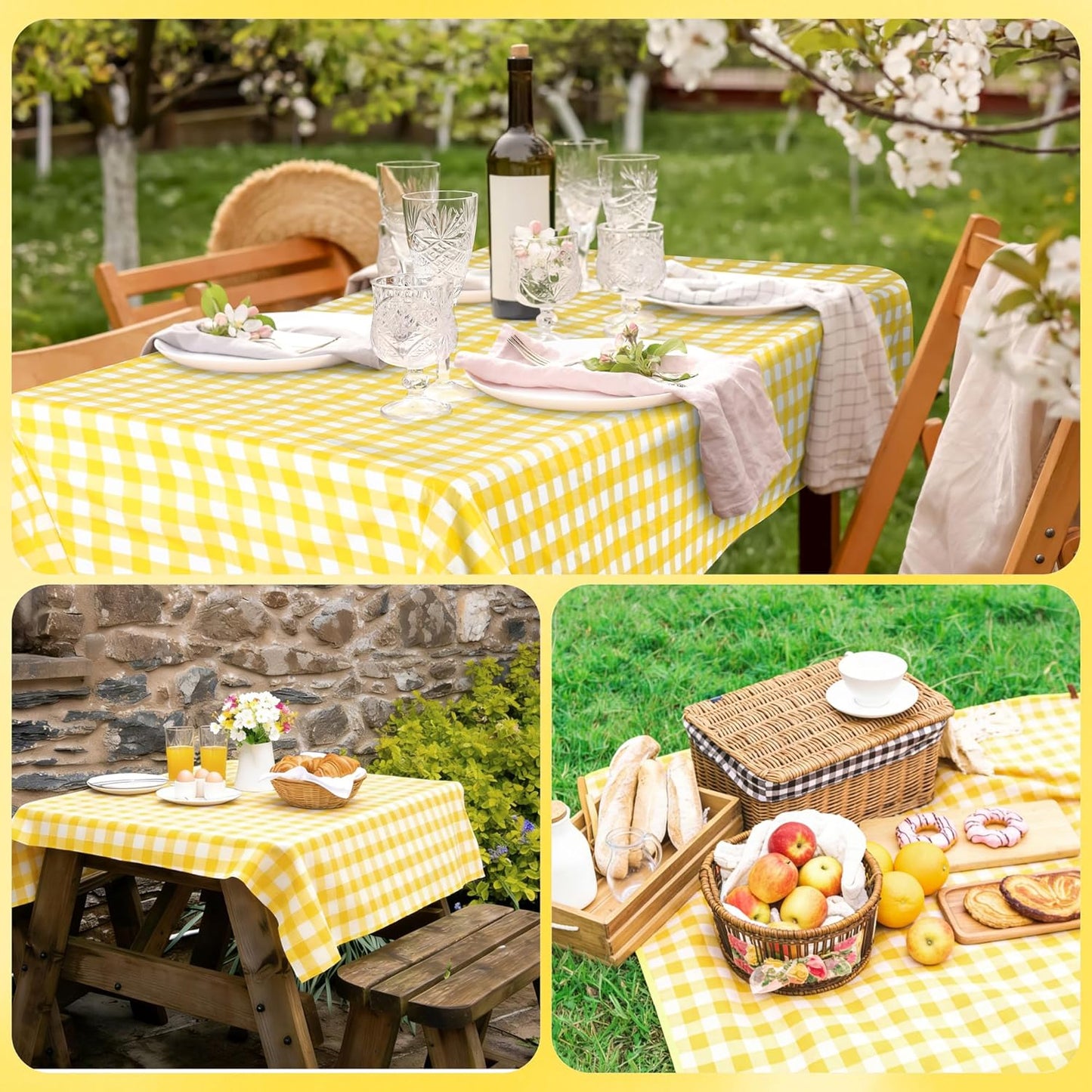 54 Inch x 300 Ft Light Yellow Checkered Plastic Table Cloth Roll Disposable Waterproof Table Cover Plastic Table Cover Roll with Easy Slide Cutter for Outdoor Picnic/Home Dining/Spring Party