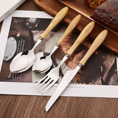 304 Stainless Steel Flatware Silverware Set with Wooden Handles, Rustic Tableware Cutlery Set for 6, Natural Wood Grain Knives Forks Spoons Set, (24 PCS, White Ash Wood Handle)