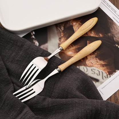 304 Stainless Steel Flatware Silverware Set with Wooden Handles, Rustic Tableware Cutlery Set for 6, Natural Wood Grain Knives Forks Spoons Set, (24 PCS, White Ash Wood Handle)