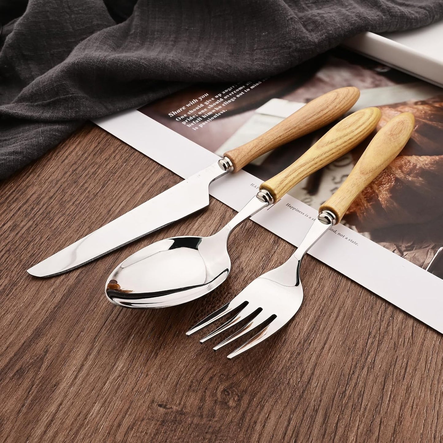 304 Stainless Steel Flatware Silverware Set with Wooden Handles, Rustic Tableware Cutlery Set for 6, Natural Wood Grain Knives Forks Spoons Set, (24 PCS, White Ash Wood Handle)